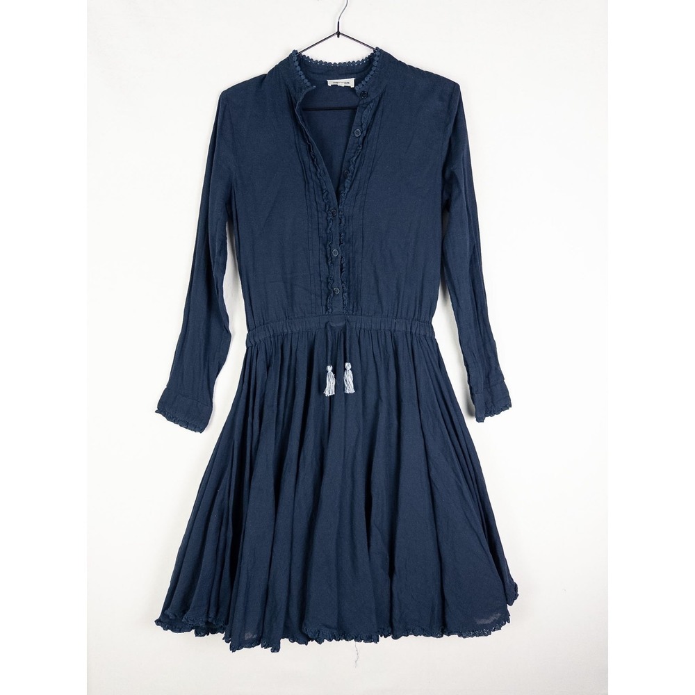 Zadig & Voltaire Dress Womens 14 S Navy Fit and Flare Ruffle Pom Pom Cotton